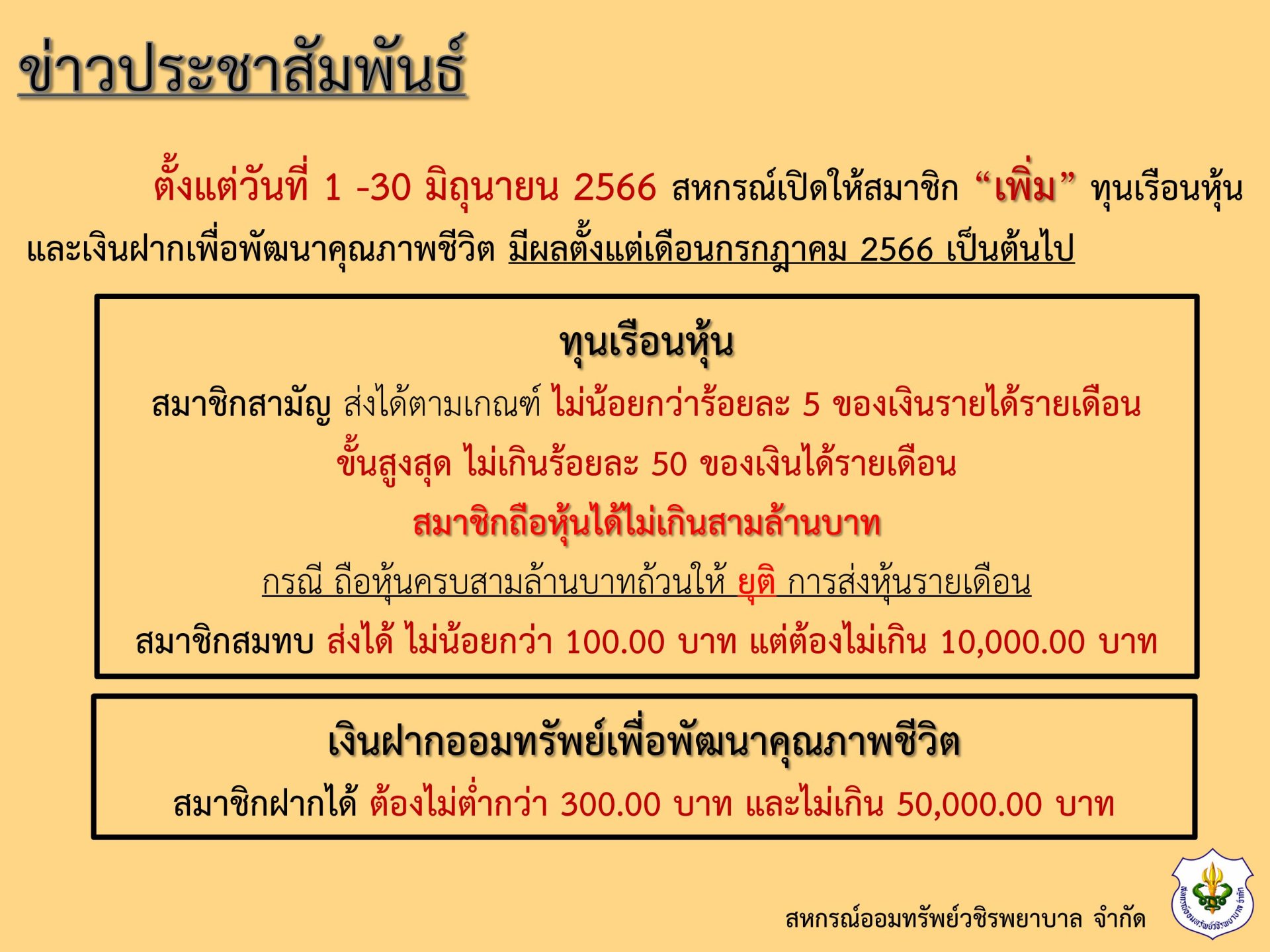 สหกรณ์เปิดให้สมาชิก “เพิ่ม” ทุนเรือนหุ้น และเงินฝากเพื่อพัฒนาคุณภาพชีวิต