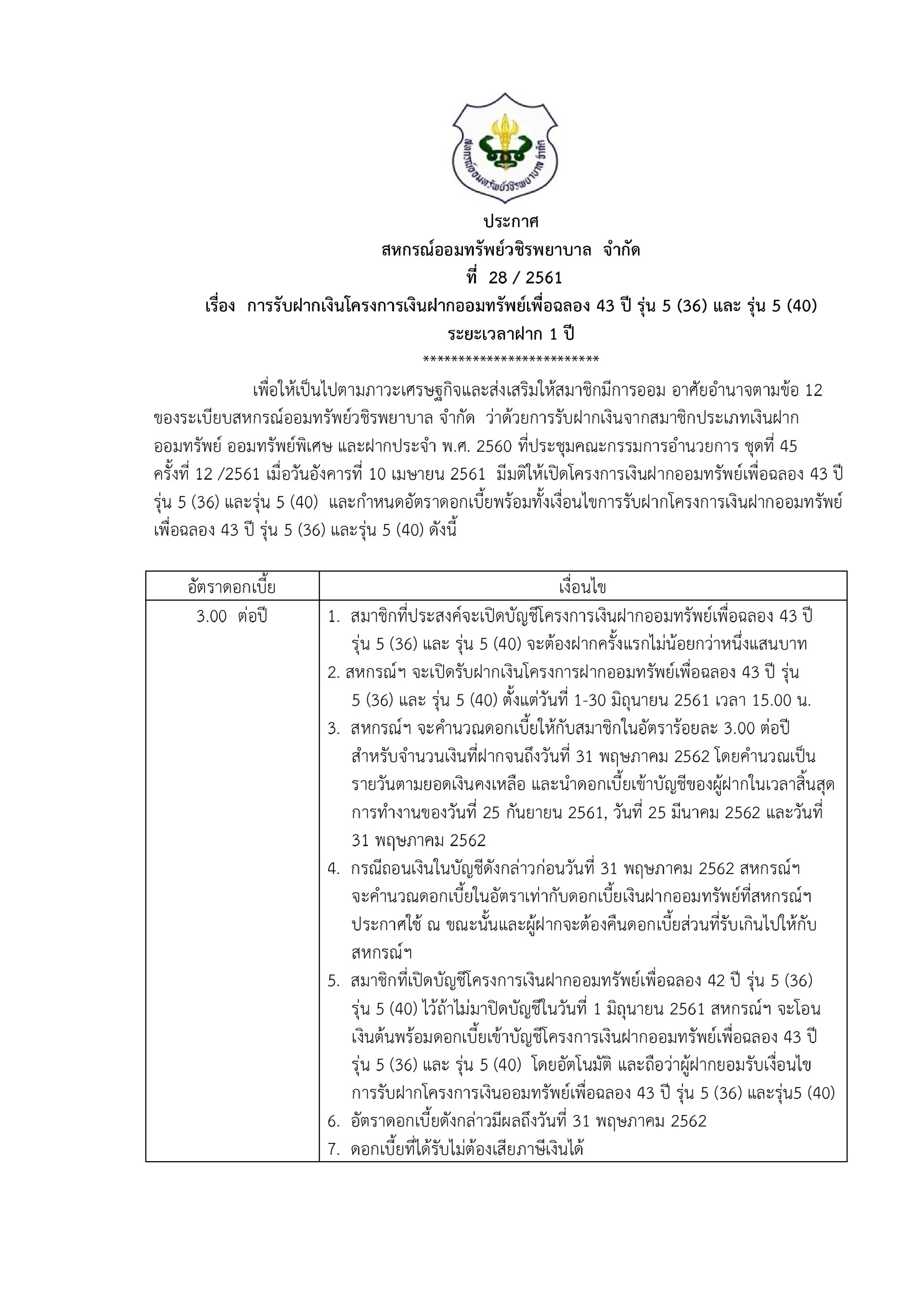 การรับเงินฝากเพื่อฉลอง 43 ปี รุ่น 5 36, รุ่น 5 40, 18, 08