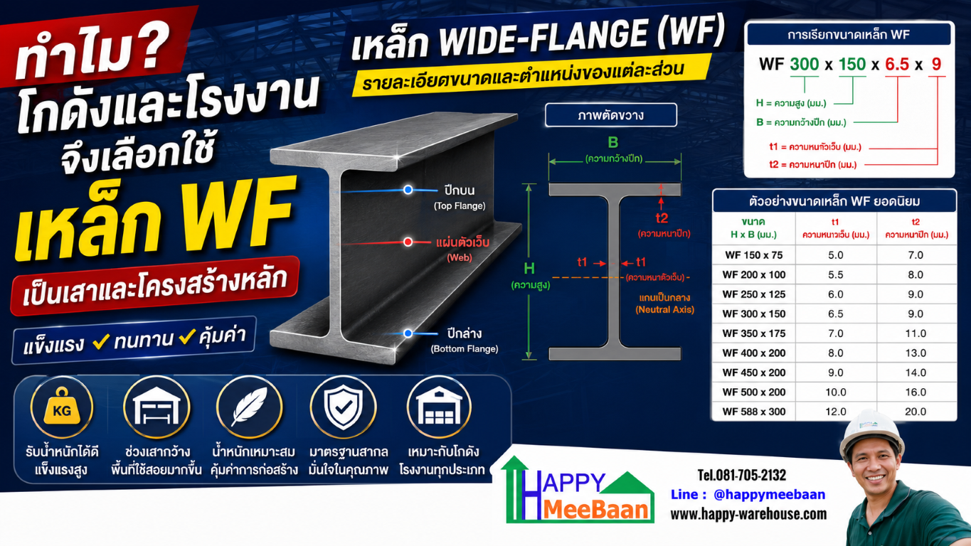 สเปคของเหล็กไวแฟรงค์อ่านค่าอย่างไร และทำไมโกดังและโรงงานจึงเลือกใช้เหล็ก WF (Wide Flange) เป็นเสาและโครงสร้างหลัก | Happy Meebaan