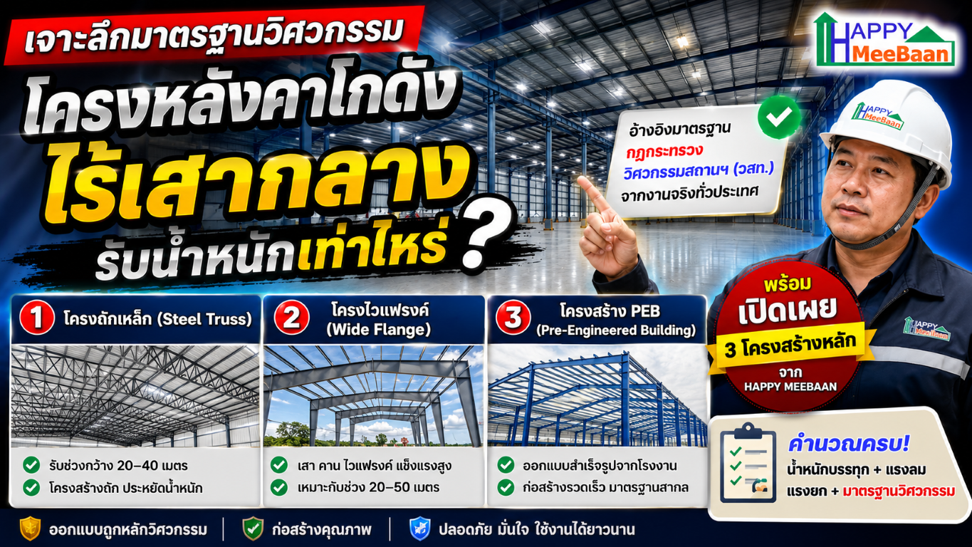 เจาะลึกมาตรฐานวิศวกรรม: โครงหลังคาโกดังไร้เสากลางรับน้ำหนักเท่าไหร่? พร้อมเผย 3 โครงสร้างหลักจาก Happy Meebaan