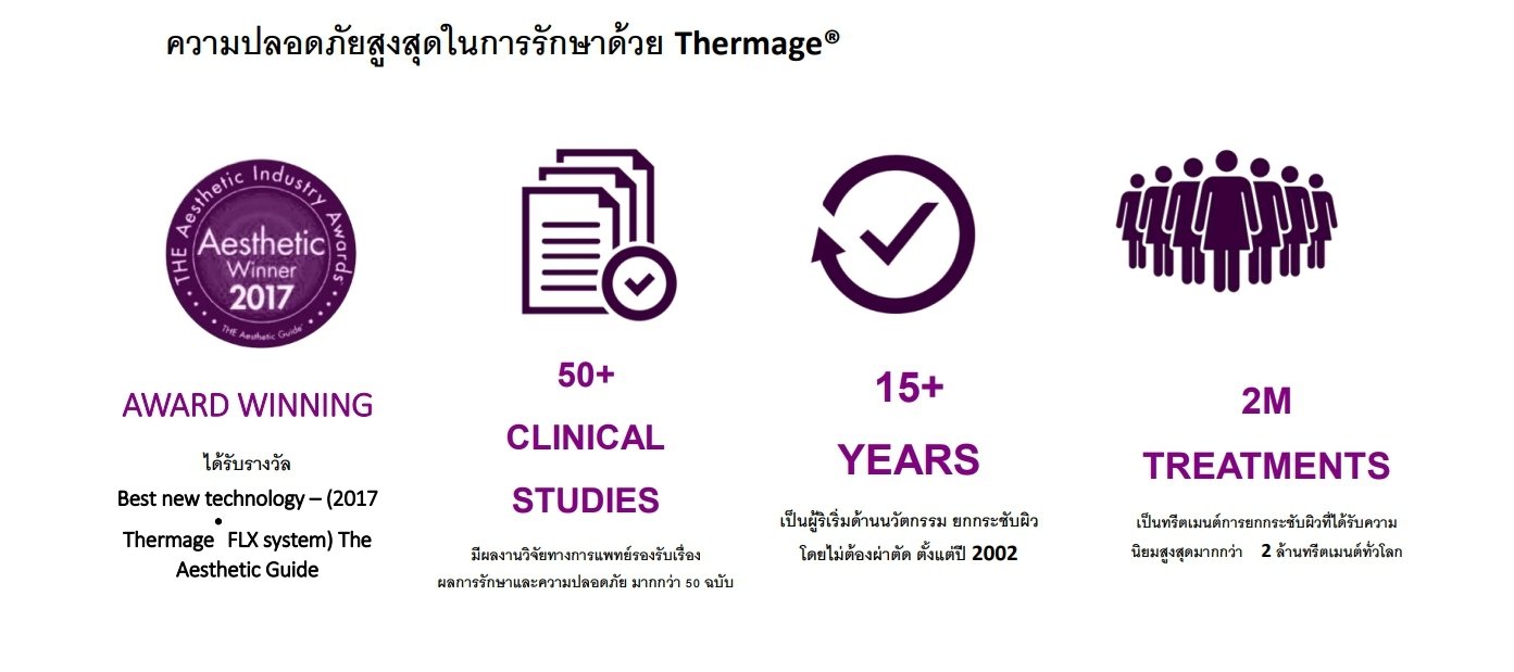 ประโยชน์ของ Thermage FLX Body Tip กระชับสัดส่วน ยกกระชับผิวบริเวณหน้าท้องให้เรียบเนียน ผิวตึงขึ้น ลดไขมัน และหน้าท้องยุบลง โดยไม่ต้องผ่าตัด และยังช่วยให้สีผิวด้านบนเรียบเนียนขึ้นด้วย ผิวหน้าท้องที่หย่อนคล้อย จะช่วยกระชับหน้าท้องให้เข้ารูปมากขึ้น ลดร่องรอยดำ รอยแตกลาย บริเวณหน้าท้องให้ยกกระชับ ทำให้รอยแตกลายจางหาย ดูเนียนเรียบกว่าเดิม ให้ผิวกลับมาสดใสอีกครั้ง ลดไขมันส่วนเกินบริเวณหน้าท้อง ปรับรูปร่างให้กระชับ ได้สัดส่วนมากขึ้น ฟื้นฟูผิวบริเวณหน้าท้องหลังคลอดหรือหลังจากทำการดูดไขมัน โดยการกระตุ้นคอลลาเจน เพื่อช่วยให้ผิวกระชับ แข็งแรง ขั้นตอนการทำ Thermage FLX Body Tip กระชับสัดส่วน ทายาชาในบริเวณที่ต้องการทำ Thermage FLX Body Tip และรอให้ออกฤทธิ์ประมาณ 1 ชั่วโมง แพทย์ทำการรักษา โดยการวางหัวเครื่อง Thermage FLX Body Tip ลงบนบริเวณที่ต้องการรักษาจนทั่วบริเวณ ใช้เวลาทำประมาณ 1-1.5 ชม. ขณะทำการรักษา ผู้รับบริการจะรู้สึกถึงความอุ่นสบาย หลังทำ ไม่ต้องพักฟื้น เพราะผู้รับบริการจะไม่รู้สึกเจ็บ และสามารถแต่งหน้า ทาครีมได้ตามปกติ หลังทำการรักษาด้วย Thermage FLX Body Tip (กระชับสัดส่วน) จะสามารถเห็นผลลัพธ์ได้ทันที หน้าท้องกระชับ เข้ารูป ผิวเต่งตึง และจะผลชัดเจนหลังทำการรักษาประมาณ 2-6 เดือน และจะเห็นผลลัพธ์ที่ดีขึ้นเรื่อยๆ โดยผลลัพธ์สามารถอยู่ได้ยาวนานตลอดไป แต่ควรมาทำซ้ำในระยะเวลา 1-2 ปี เพื่อคงความกระชับและได้ผลดีขึ้นเรื่อยๆ ทั้งนี้ การออกกำลังกายจะยิ่งทำให้หุ่นสวยขึ้น ประโยชน์ของ Thermage FLX Body Tip กระชับสัดส่วน ยกกระชับผิวบริเวณหน้าท้องให้เรียบเนียน ผิวตึงขึ้น ลดไขมัน และหน้าท้องยุบลง โดยไม่ต้องผ่าตัด และยังช่วยให้สีผิวด้านบนเรียบเนียนขึ้นด้วย ผิวหน้าท้องที่หย่อนคล้อย จะช่วยกระชับหน้าท้องให้เข้ารูปมากขึ้น ลดร่องรอยดำ รอยแตกลาย บริเวณหน้าท้องให้ยกกระชับ ทำให้รอยแตกลายจางหาย ดูเนียนเรียบกว่าเดิม ให้ผิวกลับมาสดใสอีกครั้ง ลดไขมันส่วนเกินบริเวณหน้าท้อง ปรับรูปร่างให้กระชับ ได้สัดส่วนมากขึ้น ฟื้นฟูผิวบริเวณหน้าท้องหลังคลอดหรือหลังจากทำการดูดไขมัน โดยการกระตุ้นคอลลาเจน เพื่อช่วยให้ผิวกระชับ แข็งแรง ขั้นตอนการทำ Thermage FLX Body Tip กระชับสัดส่วน ทายาชาในบริเวณที่ต้องการทำ Thermage FLX Body Tip และรอให้ออกฤทธิ์ประมาณ 1 ชั่วโมง แพทย์ทำการรักษา โดยการวางหัวเครื่อง Thermage FLX Body Tip ลงบนบริเวณที่ต้องการรักษาจนทั่วบริเวณ ใช้เวลาทำประมาณ 1-1.5 ชม. ขณะทำการรักษา ผู้รับบริการจะรู้สึกถึงความอุ่นสบาย หลังทำ ไม่ต้องพักฟื้น เพราะผู้รับบริการจะไม่รู้สึกเจ็บ และสามารถแต่งหน้า ทาครีมได้ตามปกติ หลังทำการรักษาด้วย Thermage FLX Body Tip (กระชับสัดส่วน) จะสามารถเห็นผลลัพธ์ได้ทันที หน้าท้องกระชับ เข้ารูป ผิวเต่งตึง และจะผลชัดเจนหลังทำการรักษาประมาณ 2-6 เดือน และจะเห็นผลลัพธ์ที่ดีขึ้นเรื่อยๆ โดยผลลัพธ์สามารถอยู่ได้ยาวนานตลอดไป แต่ควรมาทำซ้ำในระยะเวลา 1-2 ปี เพื่อคงความกระชับและได้ผลดีขึ้นเรื่อยๆ ทั้งนี้ การออกกำลังกายจะยิ่งทำให้หุ่นสวยขึ้น