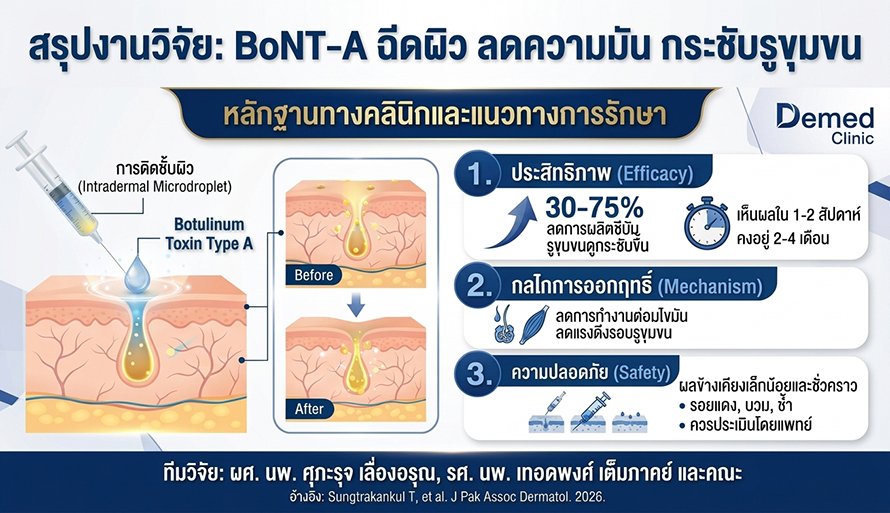 งานวิจัยทบทวน: การฉีด Botulinum Toxin Type A ในชั้นผิวเพื่อช่วยลดความมันและรูขุมขนกว้าง