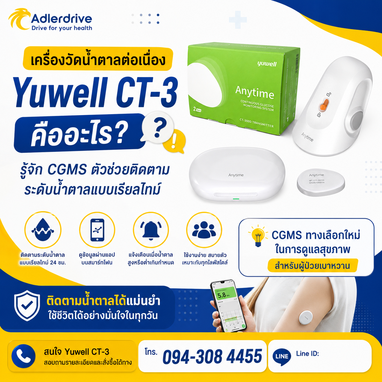 เครื่องวัดน้ำตาลต่อเนื่อง Yuwell CT-3 คืออะไร? รู้จัก CGMS ตัวช่วยติดตามระดับน้ำตาลแบบเรียลไทม์