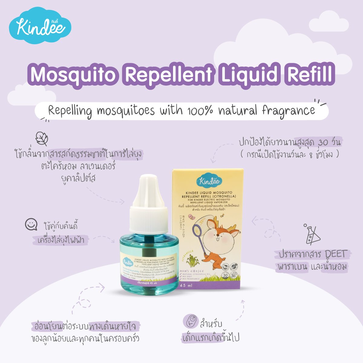 ผลิตภัณฑ์กันยุงชนิดน้ำแบบเติม (ตะไคร้หอม/ Citronella) ) Kindee Mosquito Repellent Liquid Refill