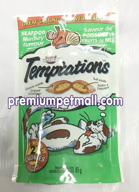ขนมแมว Whikas Tempations Seafood Medley Flavour  วิสกัสเทมเทชั่น รสซีฟู้ดเมดเล่ย์ (สีเขียว)