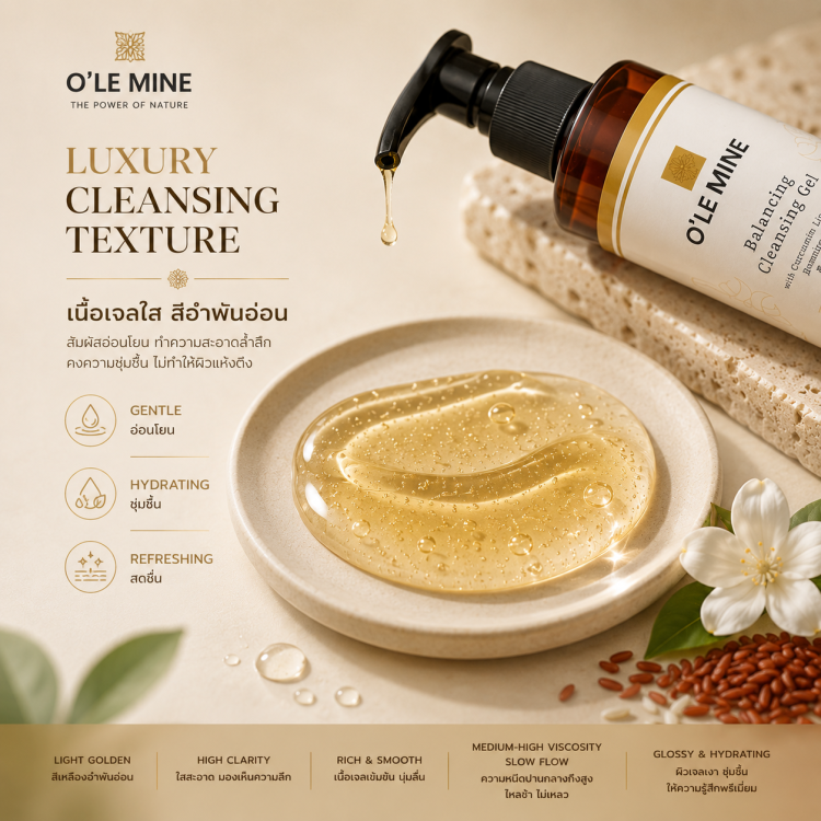 เนื้อเจล O'LE MINE Balancing Cleansing Gel สีทองอ่อนและหัวปั๊มสีดำ