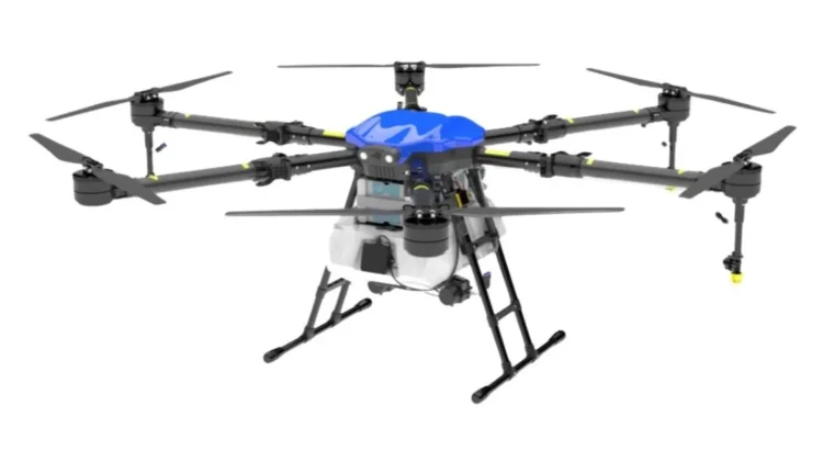 Blue drone used for farming with white background