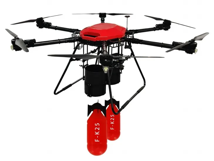 A red fire fighting drone flying with two red fire extinguisher