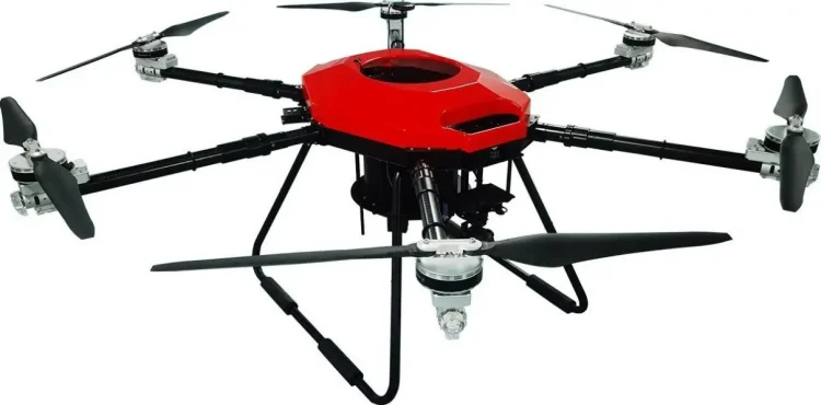 Red fire fighting drone with six legs