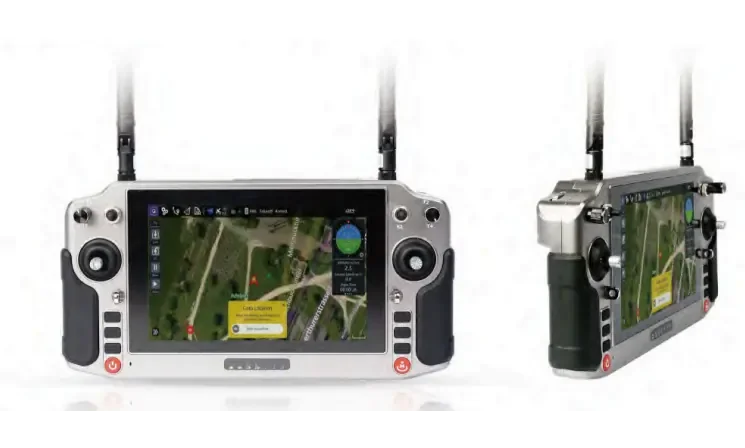 White and black handheld integrated ground station with map background screen with antenna