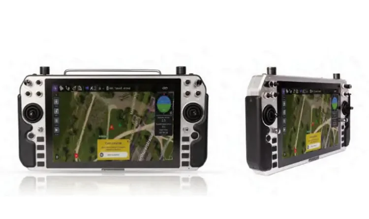 White and black handheld integrated ground station with map  background screen 