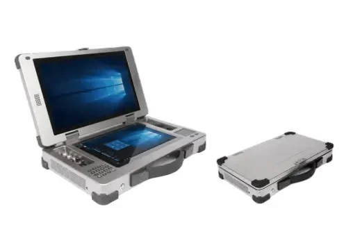 Light grey dual screen ground station with dark blue background screen 