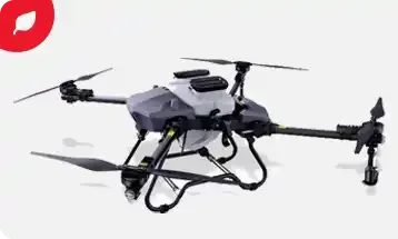 Gray farming drone with red  and white logo with white background below