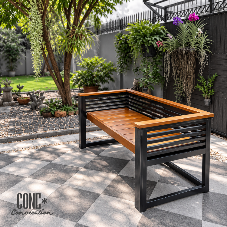 ม้านั่งสนามเหล็กมีพนักพิง CONC Concreation ขนาด 150 ซม. ที่นั่งระแนงสั้นสีไม้สัก โครงเหล็กสีดำ พร้อมที่วางแขนสองด้าน จัดวางในสวนสไตล์โมเดิร์น