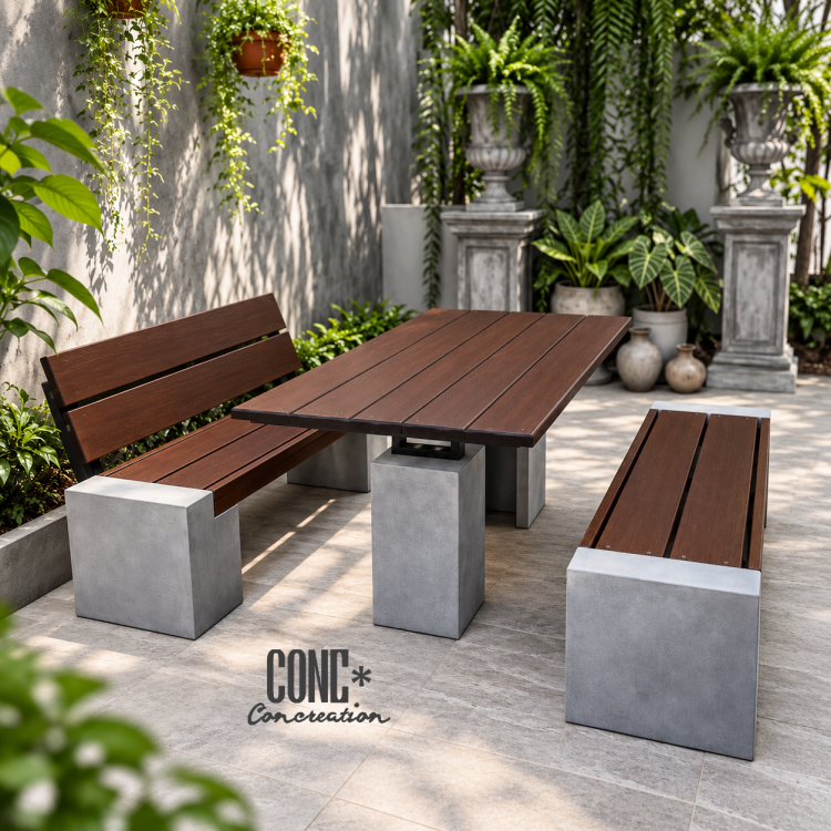 ชุดโต๊ะสนาม CONC Concreation สีไม้โอ๊ค โต๊ะขนาด 120 ซม. พร้อมม้านั่งมีพนักพิงและไม่มีพนักพิง ฐานปูนซีเมนต์สีเทา จัดวางในสวนสไตล์โมเดิร์น