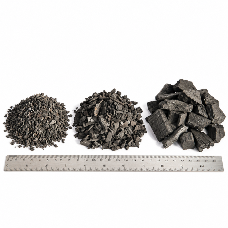 KINGBE biochar sizes No.1, No.2 and No.3 next to a ruler