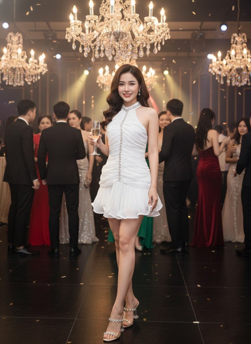 เดรสสั้นสีขาวคล้องคอทรงระบายจับสม็อกข้างเอวตกแต่งคริสตัล