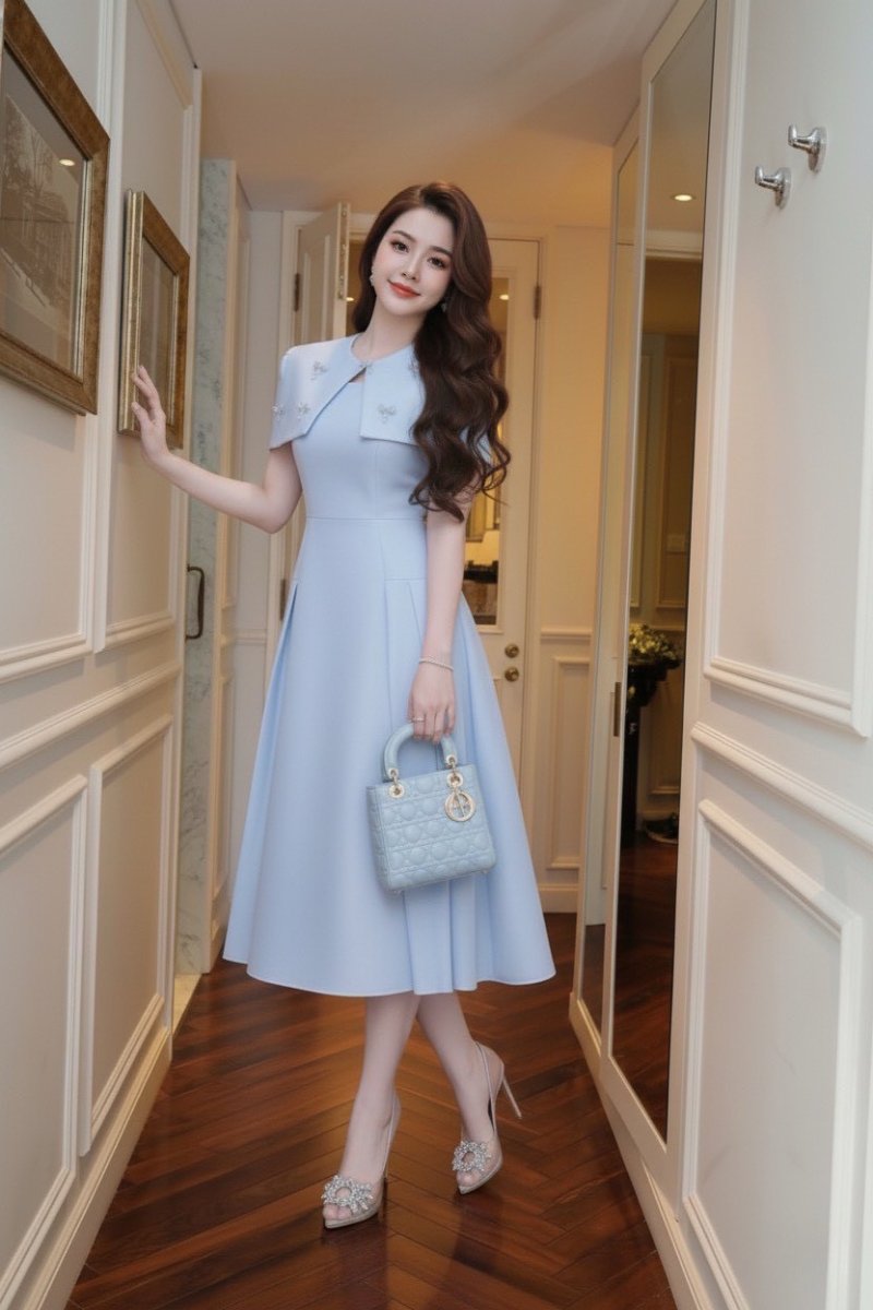 เดรสยาวสีฟ้าทรงระบายมีผ้าคลุมไหล่ตกแต่งคริสตัลรูปโบว์
