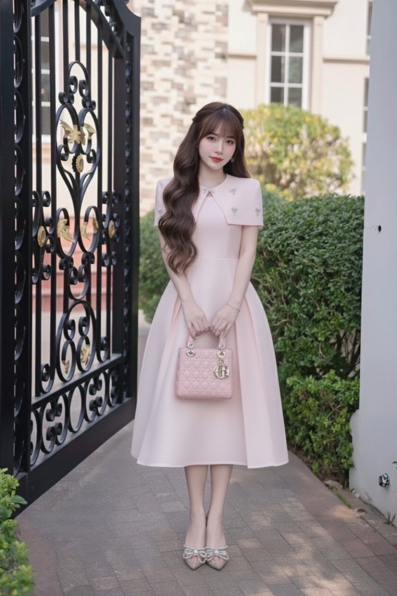 เดรสยาวสีชมพูกระโปรงระบายสไตล์เกาหลีตกแต่งโบว์คริสตัล