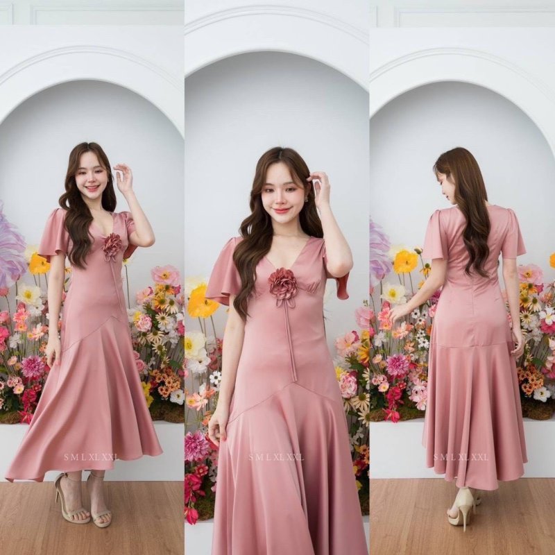 เดรสยาวสีชมพูแขนสั้นกระโปรงระบายแต่งดอกไม้ที่อก