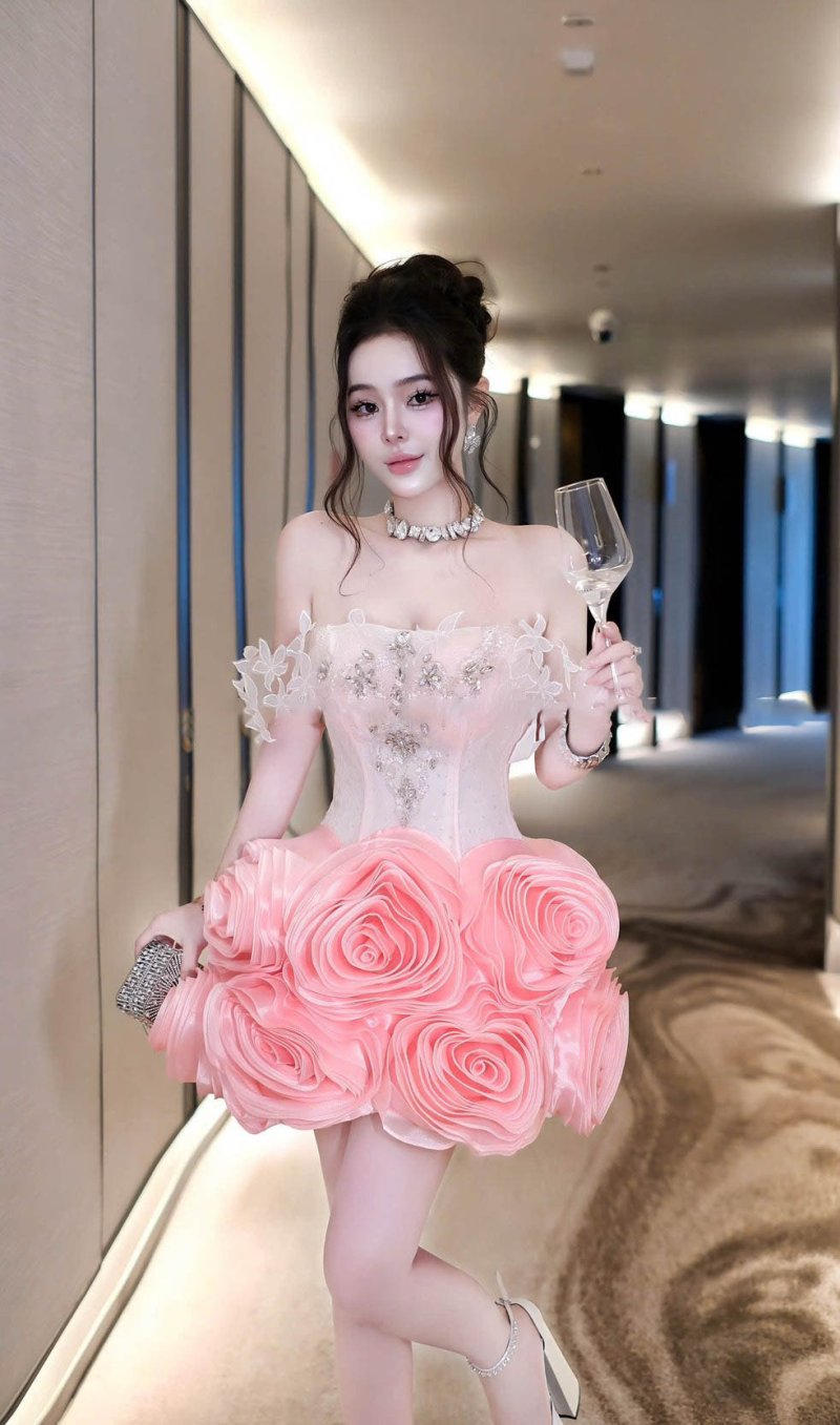 เดรสสั้นสีชมพูเกาะอกตกแต่งคริสตัลชายกระโปรงเป็นพุ่มดอกไม้