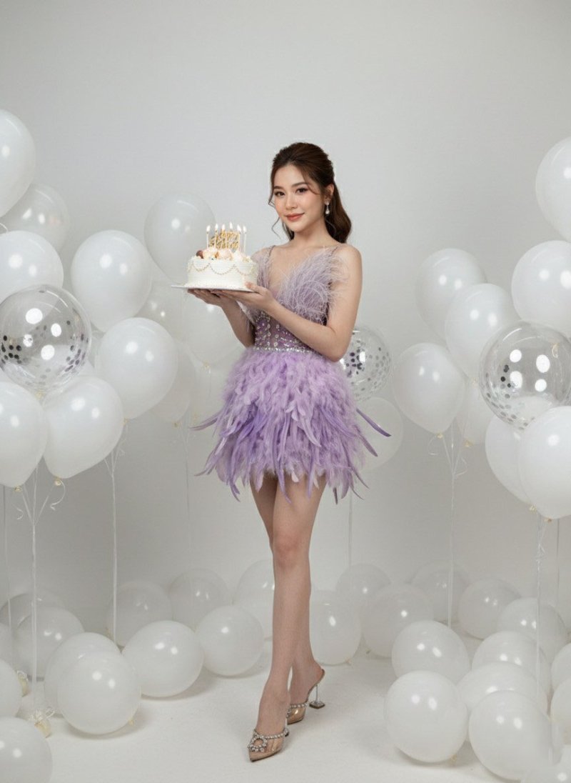 เดรสสั้นสีม่วงสายเดี่ยวตกแต่งขนนกและคริสตัล