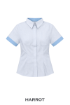 เสื้อพนักงานต้อนรับหญิง ลายตารางสีฟ้าอ่อน แขนสั้นแต่งสีขอบฟ้า