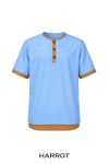 เสื้อสปา สีฟ้า คอกลมผ่าหน้า แขนสั้น แต่งขอบลายไทย