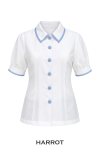 เสื้อพนักงานต้อนรับหญิง สีขาวขอบฟ้า แขนสั้น กระดุมหุ้มผ้าสีฟ้า
