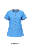 เสื้อแม่บ้าน/พ่อบ้าน แขนสั้น สีฟ้า คอกลม แต่งผ้าไทย กระเป๋าหน้า 2 ใบ