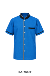 เสื้อแม่บ้าน/พ่อบ้าน แขนสั้น สีน้ำเงิน คอจีน แต่งกรมกุ๊นสีครีม