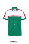 เสื้อช่าง แขนสั้น สีเขียวขาวแต่งแทบสีแดง กระดุมสีขาว
