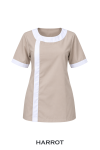 เสื้อแม่บ้าน สีเบจ คอกลม แขนสั้น แต่งแถบสีขาว