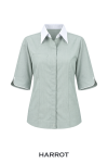 เสื้อพนักงานต้อนรับหญิง สีเขียวอ่อน คอเชิ๊ต ปกขาว แขนสามส่วน