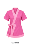 เสื้อสปา สีชมพูเข้ม คอป้ายแต่งสีชมพูอ่อน พร้อมสายผูกเอว