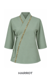 เสื้อสปา สีเขียว คอป้ายกุ๊นลายทอง แขนสามส่วน
