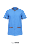 เสื้อสปา สีฟ้า คอตั้ง แขนสั้น แต่งขอบลายไทย พร้อมกระเป๋าล่าง