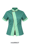 เสื้อแม่บ้าน สีเขียว คอตั้ง แต่งเขียวอ่อนกุ๊นสีส้ม
