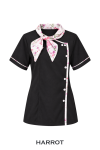 เสื้อพนักงานต้อนรับหญิง สีดำแขนสั้น แต่งโบและขอบลายดอกไม้