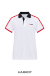 เสื้อยืดโปโล แขนสั้น สีขาวปกดำ แต่งแดงที่ไหล่และแขน