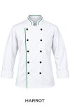 เสื้อเชฟ แขนยาว สีขาวกุ๊นเขียว กระดุมดำ