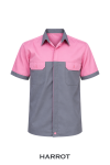 เสื้อช่าง แขนสั้น สีเทาแต่งสีชมพู กระเป๋าอก 2 ใบ