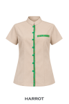 เสื้อสปา สีเบจ คอตั้ง แขนสั้น แต่งลายไทยสีเขียว กระดุมสีเขียว