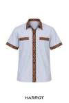 เสื้อเสิร์ฟ สีเทาอ่อน ปกเชิ้ตแขนสั้น แต่งลายไทยโทนสีทอง