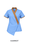เสื้อสปา สีฟ้า แขนสั้น คอป้ายแต่งขอบลายไทย