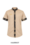เสื้อเสิร์ฟ สีเบจแขนสั้น คอจีน แต่งลวดลายดำทอง