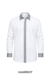 เสื้อเสิร์ฟ สีขาวแขนยาว แต่งปก สาบ และข้อมือลายตารางเทา