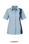 เสื้อพนักงานต้อนรับหญิง สีฟ้าแต่งแถบน้ำเงิน แขนสั้น ปกเชิ้ต