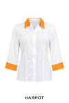 เสื้อเสิร์ฟหญิง สีขาวปกส้ม แขนสามส่วน ขอบแขนสีส้ม