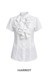 เสื้อพนักงานต้อนรับหญิง สีขาวแขนสั้น คอตั้งแต่งระบายด้านหน้า